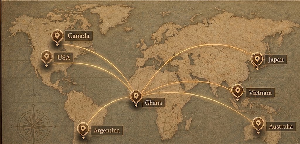 Antique world map showing Vietnam, Japan, Ghana and Greece